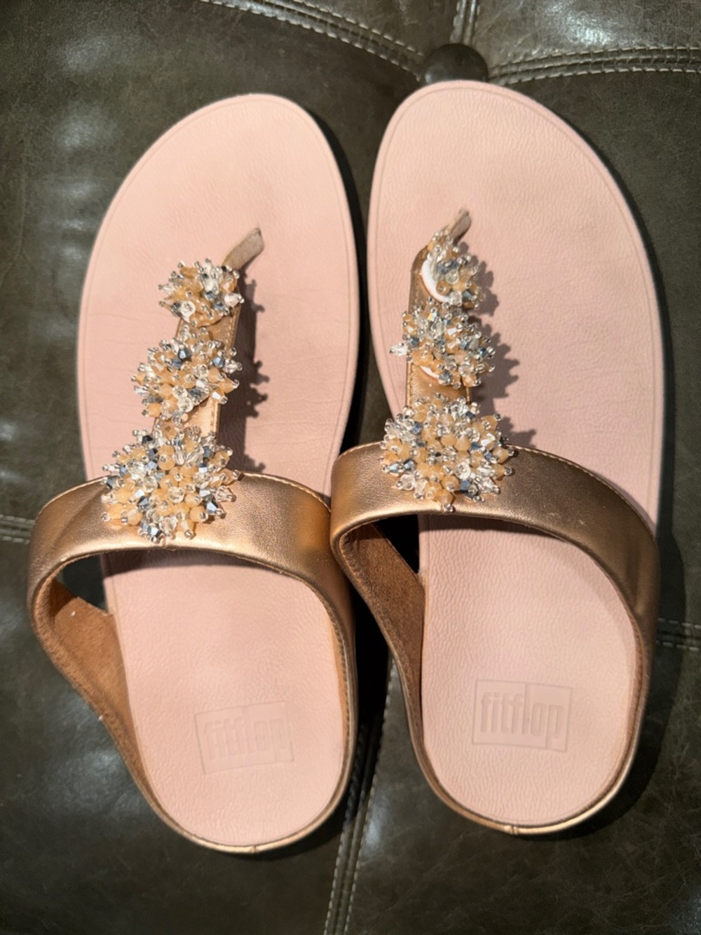 FitFlop Rose Gold Jeweled T-Bar Sandals - Picture 3 of 7